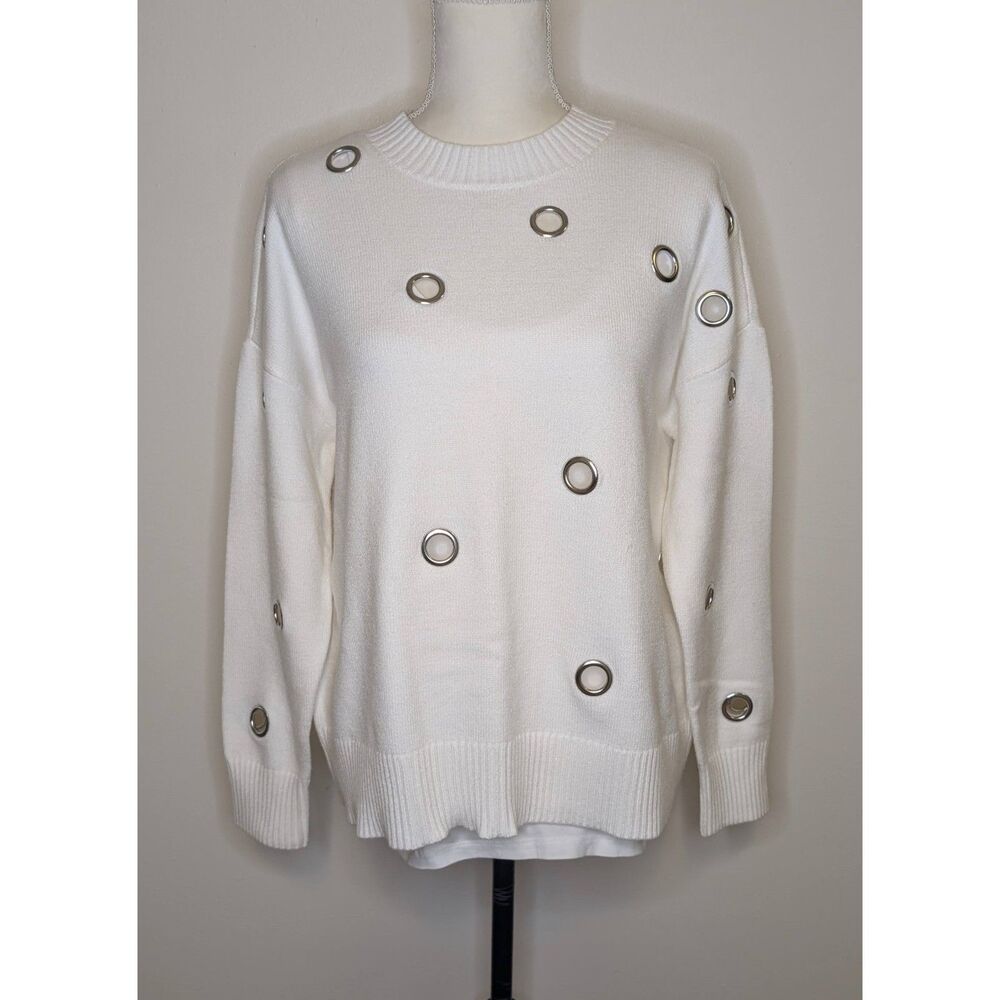 Bar III Cream White Silver Grommet Eyelet Pullover Sweater Small